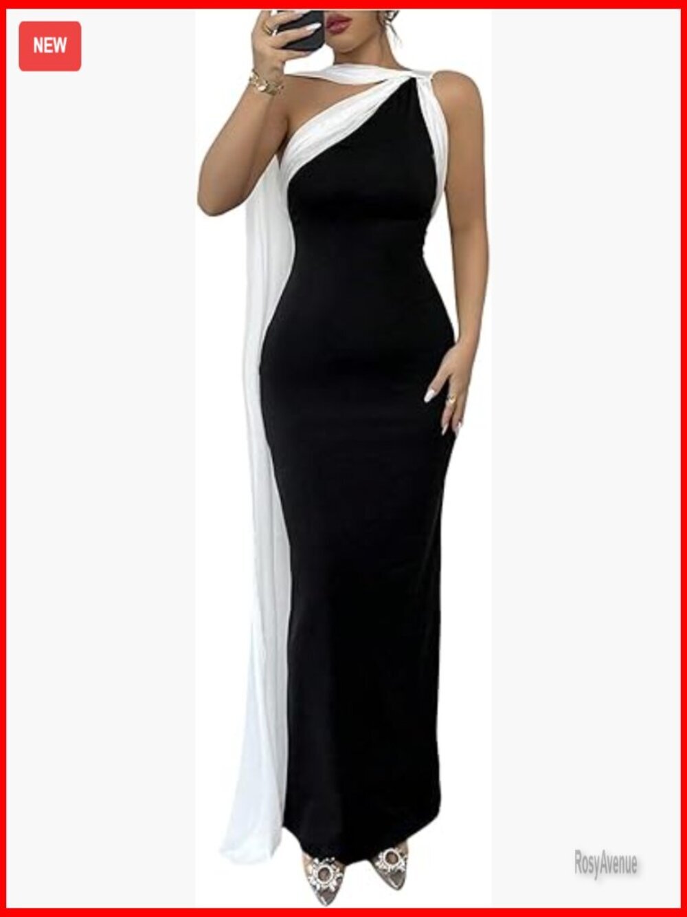 Avenue Black and White One-Shoulder Evening Gown
